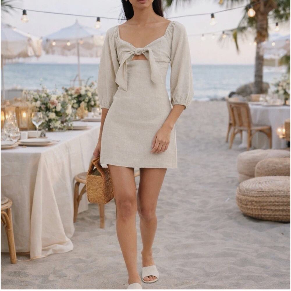 Suboo Wanderer Linen Mini Dress 4 Beige Tie Front Puff Sleeve Coastal Resort S